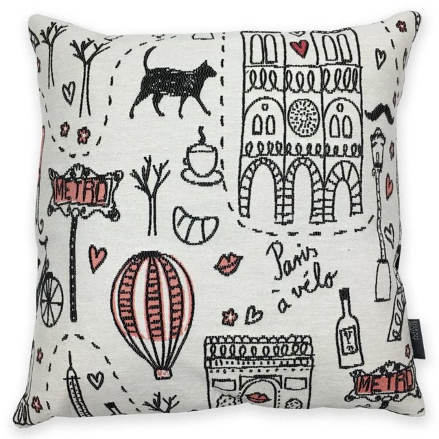 Homeport Bonjour Noir Decorative Pillow with white background and black and pink Paris-themed illustrations including Notre-Dame Cathedral, hot air balloon, croissant, coffee cup, bicycle, street lamps, and Metro signs, featuring 'Paris à vélo' script, feather filled with linen-look backing, ideal for adding cozy texture and style to living spaces.