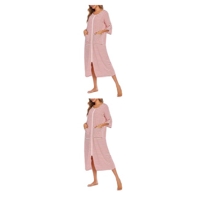 yingyy 1/2/3 Polyester Robe de Nuit pour Femmes Décontractée de Remplacement Col Rond Manches Longues Double Poche Respirante Peignoir de Maison Vêtement de Nuit Rouge TG 2 Pcs