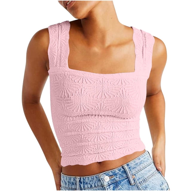 LSLJS Womens Summer Solid Tank Tops Neck Crop Tops Flower Spring Going Out Tops Slim Crop Cami Wide Straps Sleeveless Shirts Top, Womens Tank Tops
