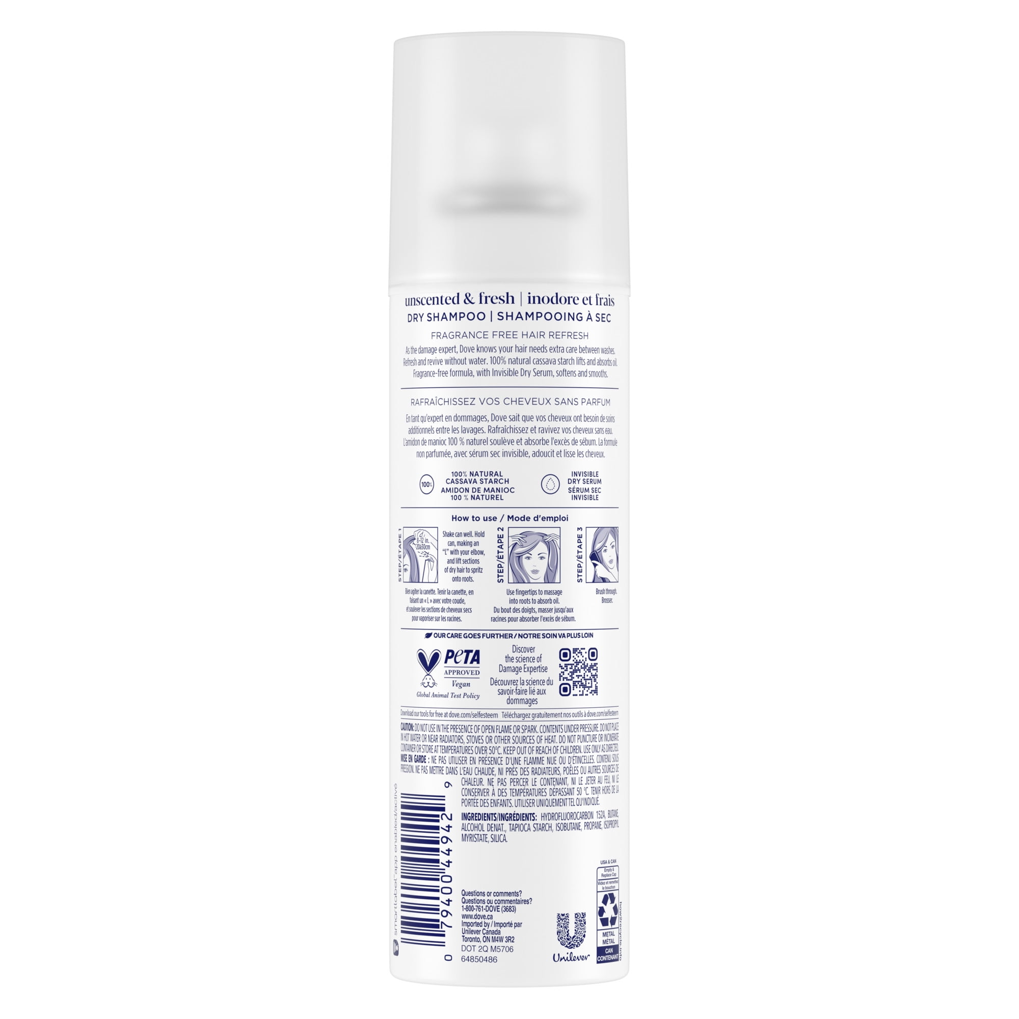 Dove Shampooing à Sec Inodore et Frais Amidon de Manioc 100 % Naturel, 142 g