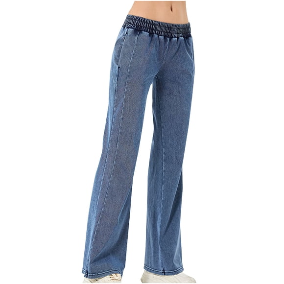 biudgviw Jeans for Women Loose Elastic High Waisted Stretchy Straight Leg Pull on Pants Trendy Casual Trousers with Pockets