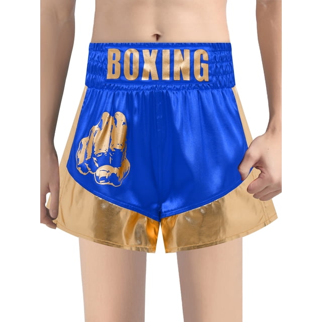 Xnihocha Unisex Kids Satin Boxing Shorts Metallic Color Block Boxer Kickboxing Muay Thai Training Trunks Royal Blue&Gold 6