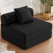 Folding Sofa Bed Convertible Foam Floor Sleeper Mattress Couch with Frame, Single Boneless Fold Out Lounger Chair Bed for Living Room Bedroom (Chenille Black)