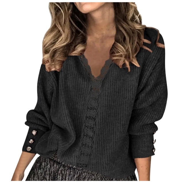 WUANDIXFA Womens Sweaters Causal Women Solid Color V Neck Lace Stitching Buttons Long Sleeves Sweater Black,S