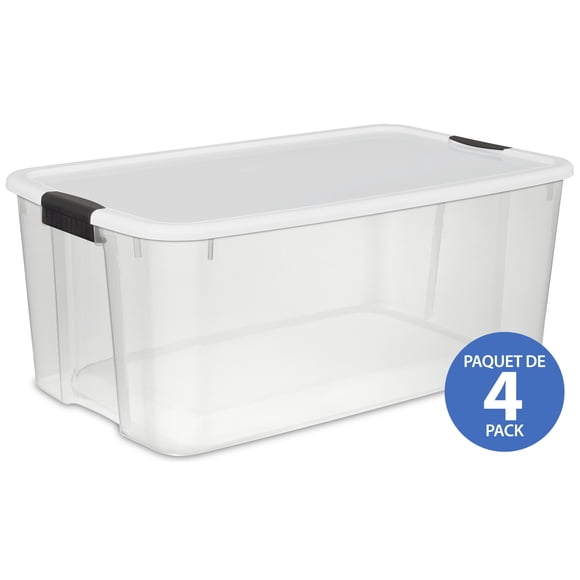 Sterilite 102 Liter Ultra™ Latch Box, Small Clear Plastic Storage Bin with Lid and Sturdy Black Latches, 4 Pk.