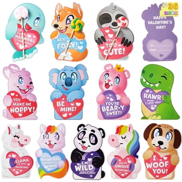 Joyfy 36 Packs Valentines Day Gifts Cards with Animal Designs, Valentine Day Candy Holder Cards for Kids School Class Party Favors Exchange Gifts