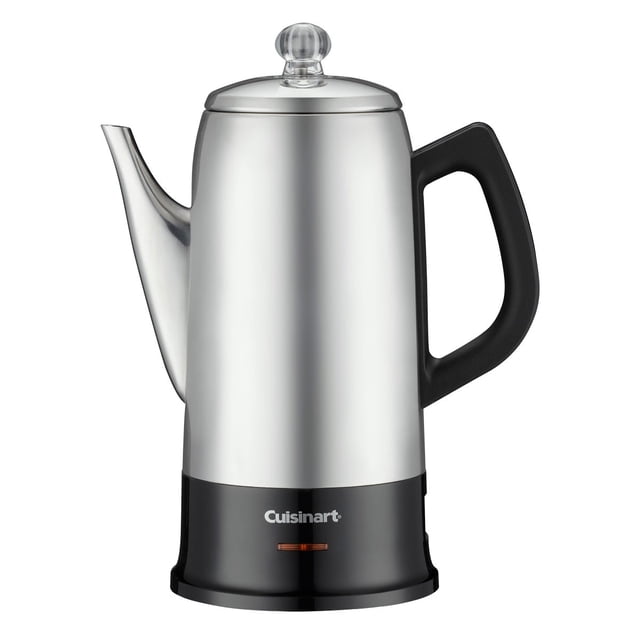 Cuisinart Classic Percolator en Acier Inoxydable de 12 Tasses, un Appareil Moderne pour Infuser le Café avec Boîtier en Acier Inoxydable durable, Poignée Ergonomique Noire et Bec Précis Sans Goutte. Comprend un Bouton transparent pour Surveiller l'Infusion, un Fond Qui Reste Froid pour un placement Sécuritaire et un Voyant Indicateur Prêt. Idéal pour Infuser de 4 à 12 Tasses de Café.