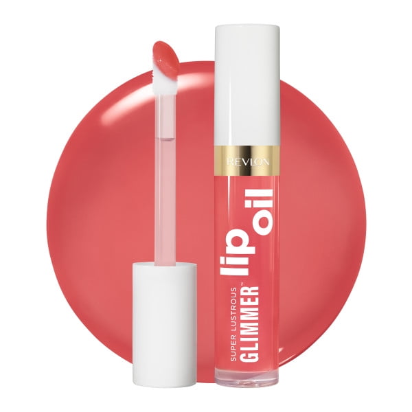 Super Lustrous GlimmerTM Huile pour les Lèvres Huile pour les Lèvres Hydratante en tube Transparent avec Capuchon Blanc et Bande Dorée, Mettant en Valeur une Teinte Rose Corail avec Applicateur Moelleux, Placée devant un Éclat Circulaire Rose Corail, Idéale pour Hydrater et Lisser les Lèvres avec une Formule Légère et Non Collante.