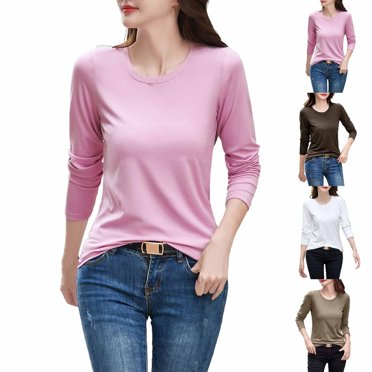 Chemises pour Femmes Habillées Décontractées, Chemises à Manches 3/4 pour Femmes, Tuniques à Manches Courtes Grande Taille pour Femmes, Hauts Unis pour Femmes 2024 Col Rond Couleur Unie Chemise de Base Manches Longues Intérieures Col Rond Haut/chemise