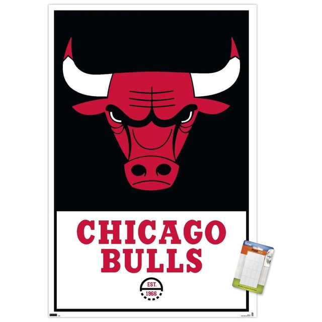 NBA Chicago Bulls - Logo 21 Wall Poster, 22.375" x 34" framed, displaying a centered red bull head logo with white horns on a black background above red 'CHICAGO BULLS' text and an 'EST. 1966' emblem on a white lower panel, suitable for wall art in bedrooms, offices, or dorms and often used as sports party décor.