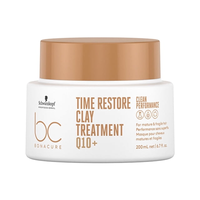 Schwarzkopf BC Bonacure Q10+ Time Restore Clay Treatment, 200mL, in a white jar with a bronze lid. The label highlights its anti-aging formula for mature and fragile hair, promoting keratin production, moisture, and softness. Ideal for restoring vitality and facilitating hairstyling.