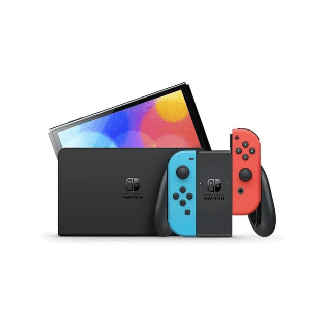 Nintendo Switch - OLED Model Console with 64 GB storage, featuring a 7-inch vibrant OLED screen, shown with Neon Red and Neon Blue Joy-Con controllers and a black dock. The console offers handheld, tabletop, and TV modes, with a wide adjustable stand and built-in speakers for enhanced audio. Includes a wired LAN port for stable online gaming and expandable storage via microSD card.