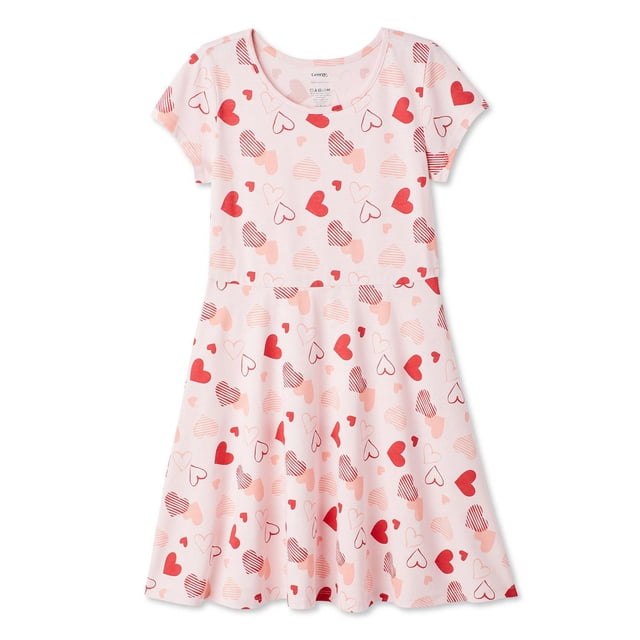 George Girls' Skater Dress in light pink cotton-rich jersey knit with an all-over red and pink heart print, featuring a crew neck, short sleeves, and an A-line cut ideal for girls' casual dresses and everyday wear.