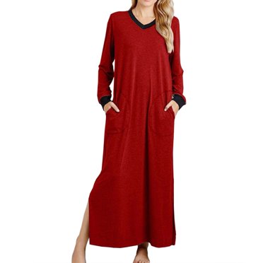 RKSTN Womens Dresses Long Sleeve Fall V-Neck Pockets Side Slit Solid Color Maxi Dress