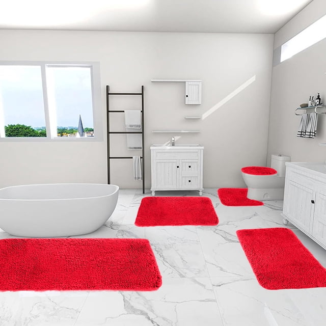 EQWLJWE Bathroom Rug Set 5 Piece in red, featuring microfiber plush bath mats with non-slip backing. Includes a 32 x 16-inch bath mat, 20 x 16-inch floor mat, two 24 x 16-inch toilet seat covers with straps, and a 15 x 16-inch toilet mat. Designed for super absorbency, quick drying, and easy washing. Displayed in a modern white bathroom with marble flooring.