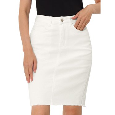 Unique Bargains Jupe en Denim Délavée pour Femme, Basique, Taille Haute, Usée, Ourlet Déchiré, Blanc, G