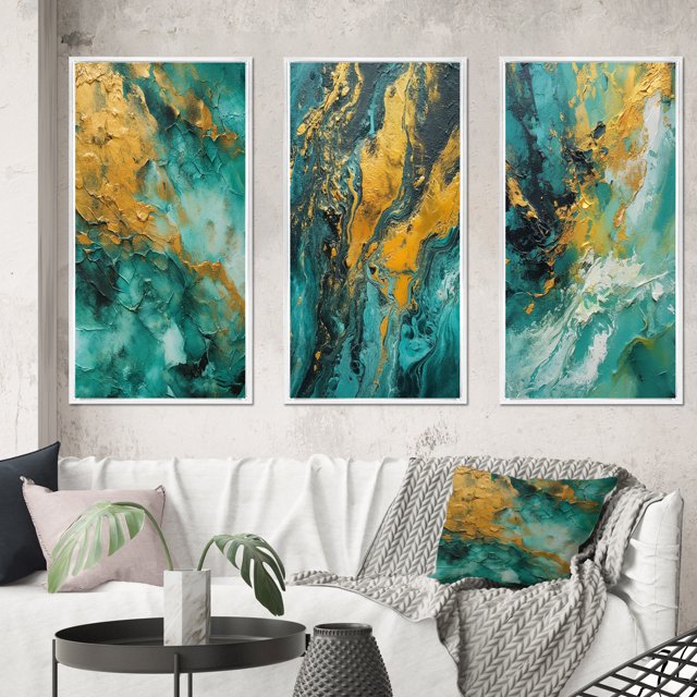 Designart "Golden Turquoise Breakers Abstract Waves V" Abstract Shapes Framed Wall Art Set Of 3 - Gold Transitional Frame Canvas Set For Living Room Decor