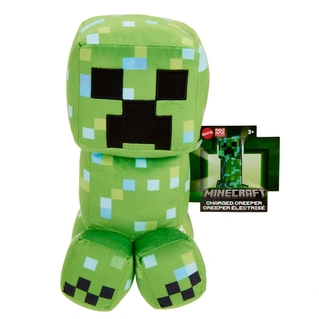 Minecraft Charged Creeper Plush Character, 8-inch collectible soft doll with pixelated green and blue fabric, black square eyes and mouth, sitting upright with attached Minecraft-branded tag showing the character and logo, suitable for kids and collectors.