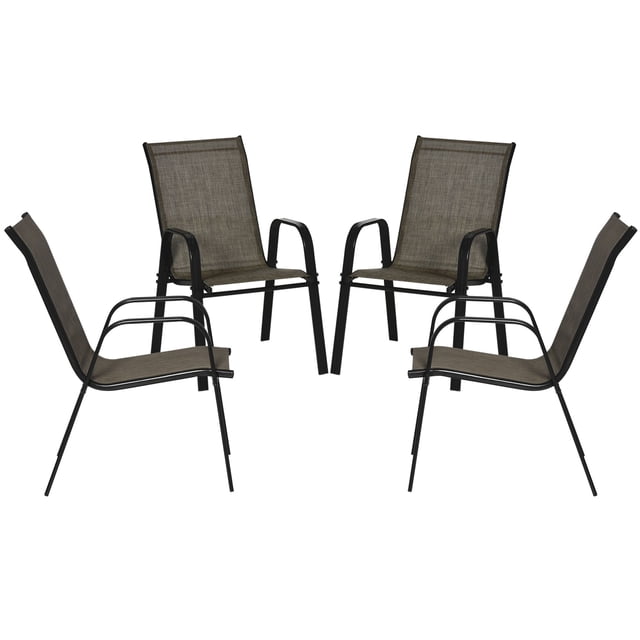 Set of 4 Stackable Patio Dining Chairs - Brown & Black Metal Frame with Breathable Mesh - Outdoor Garden Seating for Balcony, Living Room & More - 37.4" H