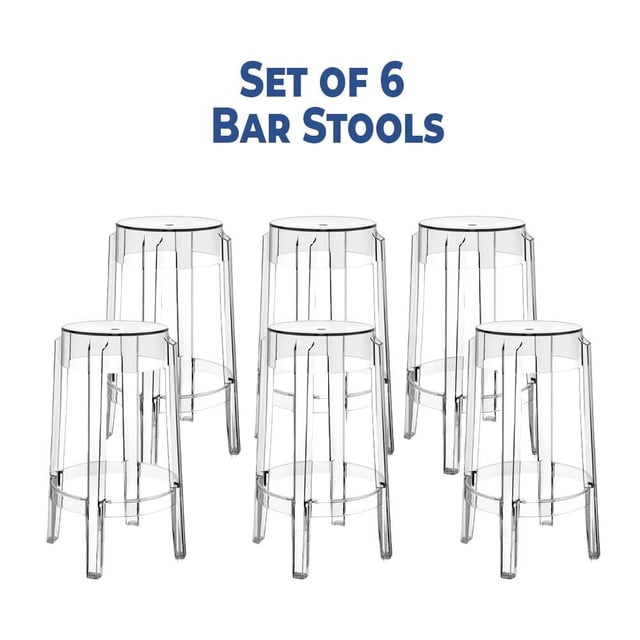 Heavenly Collection Clear Plastic Bar Stool set of 6 featuring backless, stackable stools made of transparent polycarbonate acrylic, each 30 inches high by 14.5 inches wide and deep, suitable for modern kitchen and dining seating.