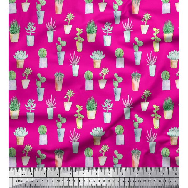 Soimoi Pink Poly Georgette Fabric Cactus Leaves Decor Fabric Printed Yard 42 Inch Wide