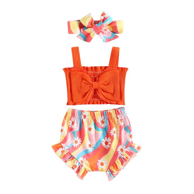 xiaxaixu Infant Baby Girls Clothes Set Solid Color Ribbed Bowknot Sling Tank Tops Floral Print Shorts Headband 3Pcs Set