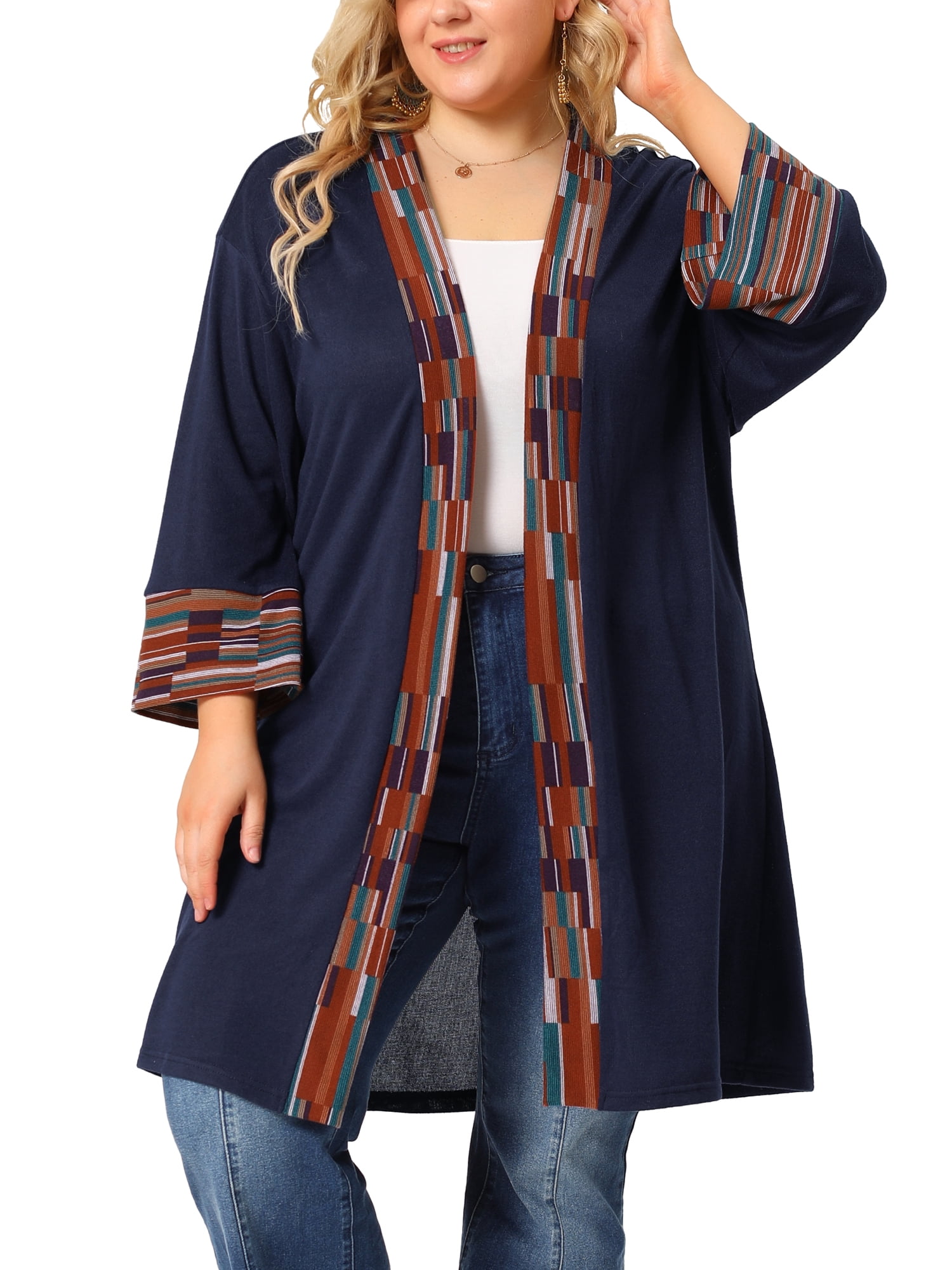 GRACE & GRANDEUR Cardigan Ouvert à Manches 3/4 pour Femme Grande Taille à Contraste de Couleurs