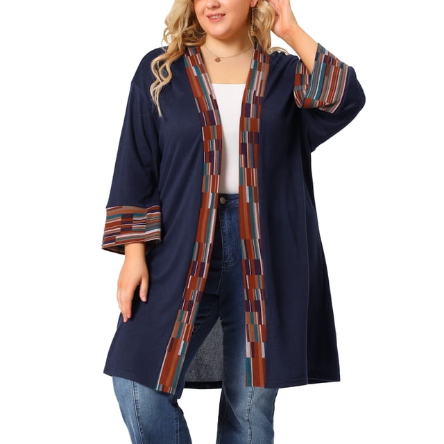 GRACE & GRANDEUR Women's Plus Size Color Contrast 3/4 Sleeves Open Front Cardigan in a relaxed fit. The navy cardigan features a mid-length design with a vibrant multicoloured contrast placket and cuffs. Made from 95% polyester and 5% spandex, it is collarless with kimono-style 3/4 sleeves. Styled with jeans, the cardigan is suitable for casual outings, weekend gatherings, or shopping trips.