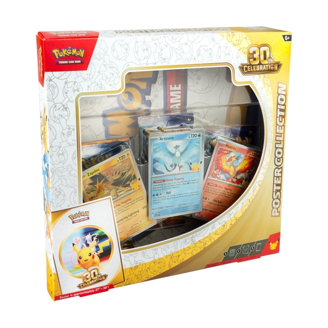 Pokémon TCG: 30th Anniversary Poster Collection double-sided poster 26.875" × 39" front-facing view showing a collage of 160+ card images from the 30th Celebration expansion, three foil promo cards (Articuno, Zapdos, Moltres) and three booster packs on a white background; often used as a collector wall display or framed print.