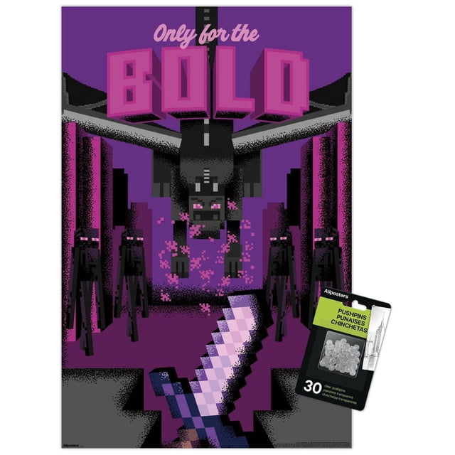 Minecraft : Discover - Seulement pour l'Affiche Murale Audacieuse, 14,725 Pouces x 22,375 Pouces Encadrée, Représentant un art pixel du Dragon de l'Ender avec des Yeux et des Particules Violettes Lumineux, Entouré d'Endermen dans une Grotte Violet Foncé, avec une Épée Violette Pixélisée au Premier Plan et un Texte Rose Audacieux « Seulement pour les Audacieux » en Haut, Convient à la Décoration Murale de Chambre Ou de Salle de Jeux.