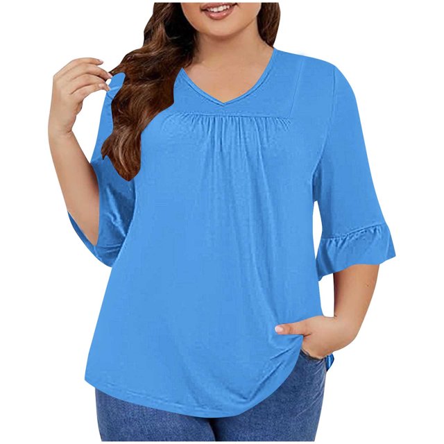 Timegard Hauts Grande Taille pour Femmes Col en V Froncé à Volants Manches 3/4 T-Shirts Confortables Décontractés Amples