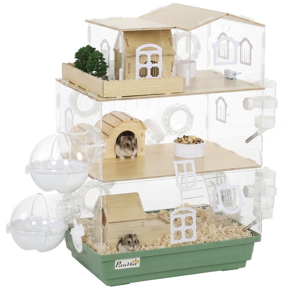 PawHut Large Hamster Cage, 3 Tiers Acrylic Hamster Habitat w/ Water Bottles