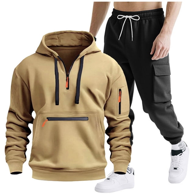 Mens Hooded Tracksuit, Long Sleeve Zipper Pocket Pullover and Drawstring Work Pants Set, Casual Two-Piece Outfit