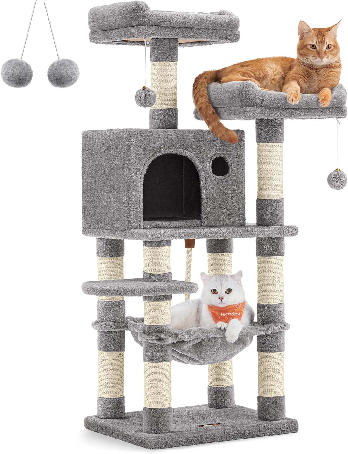 FEANDREA 56.3 Inches Cat Tree Tower, Scratching Post Plush Perches Hammock Condo, Light Gray
