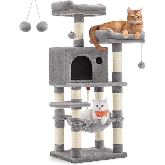 FEANDREA 56.3 Inches Cat Tree Tower, Scratching Post Plush Perches Hammock Condo, Light Gray