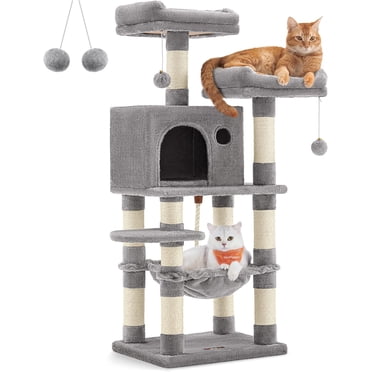 FEANDREA 56.3 Inches Cat Tree Tower, Scratching Post Plush Perches Hammock Condo, Light Gray