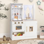 OLAKIDS Kid Kitchen Playset, Toddler Wooden Pretend Cooking Set with Realistic Light & Sound, Stove, Sink, Microwave, Storage Cabinet, Play Kitchen Toy Set for Children Boys Girls (Classical)