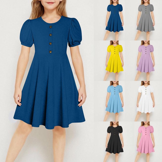 Milgrthf Robe d'Été pour Filles Enfants Col Rond Manches Bouffantes Ligne A Bouton Évasée Fluide Patineuse Tournoyante Mini Robes 5-15 Ans Bleu Clair
