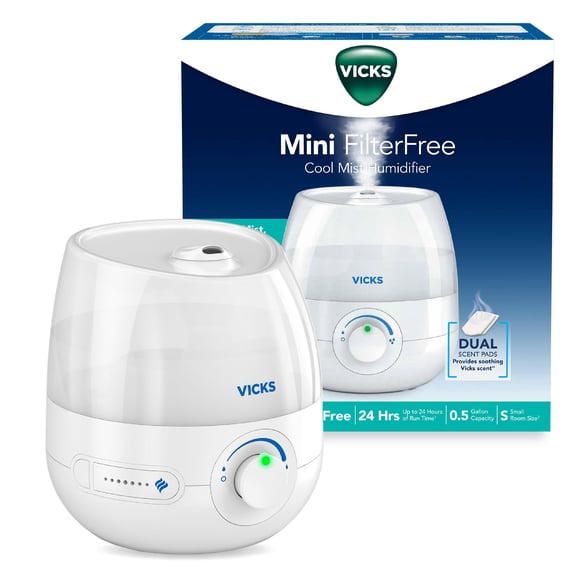 Vicks Mini Filter Free Cool Mist Humidifier, Small Room �?? Variable Mist Control �?? Works with Vicks VapoPads