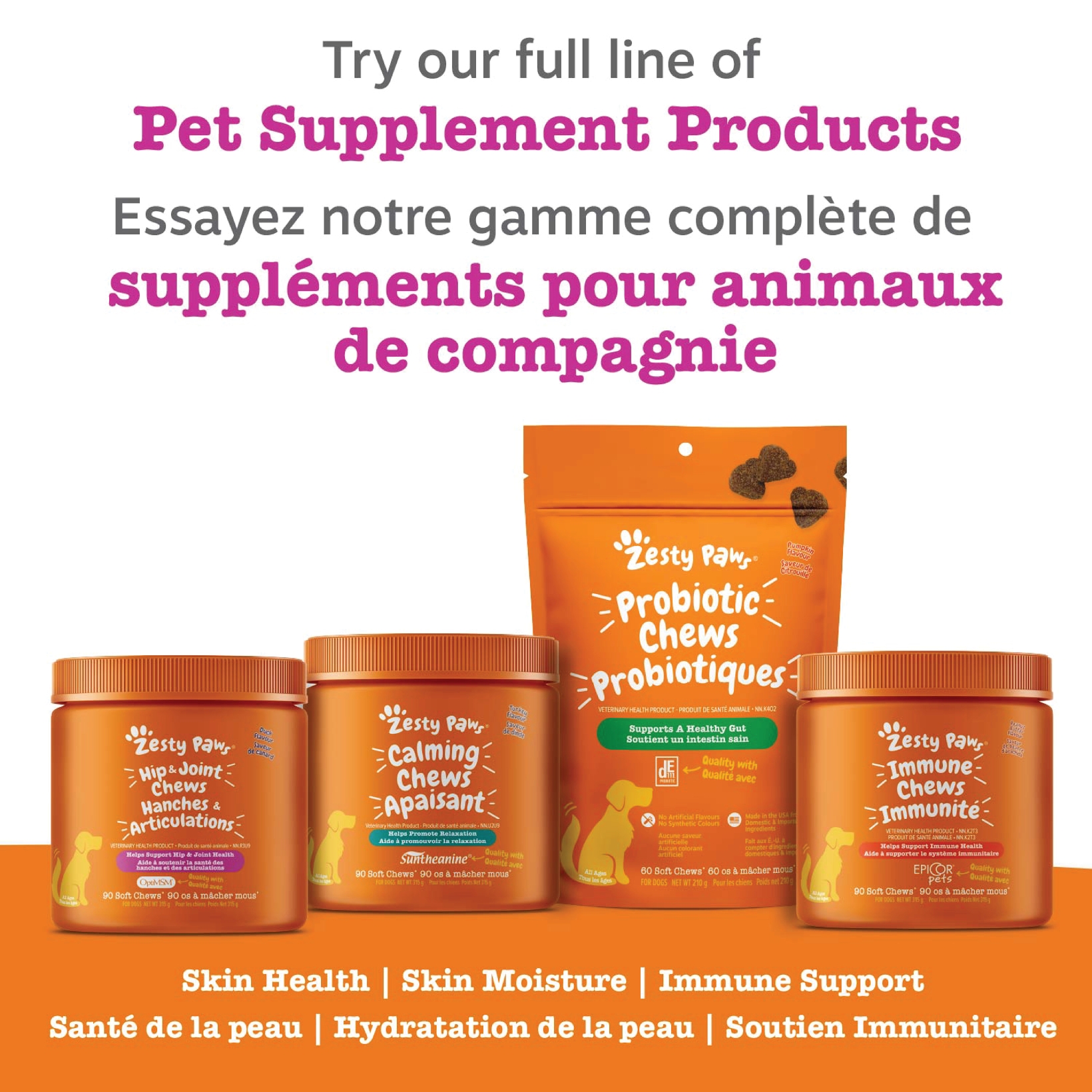 Zesty Paws Skin & Coat Chews Chicken Flavour Daily Soft Chews Dog Supplement, 90 count
