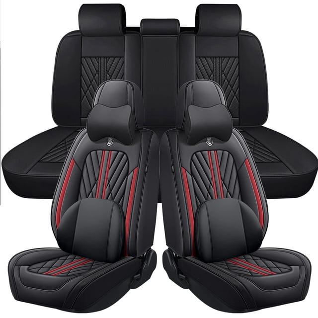 Maidao Car Seat Covers Leather Full Set for Citroen for C4 Aircross 2012-2017 5 Seats Leather Compatible Airbag Water Resistant Front Rear Cushion Protector with Pillow Black and Red