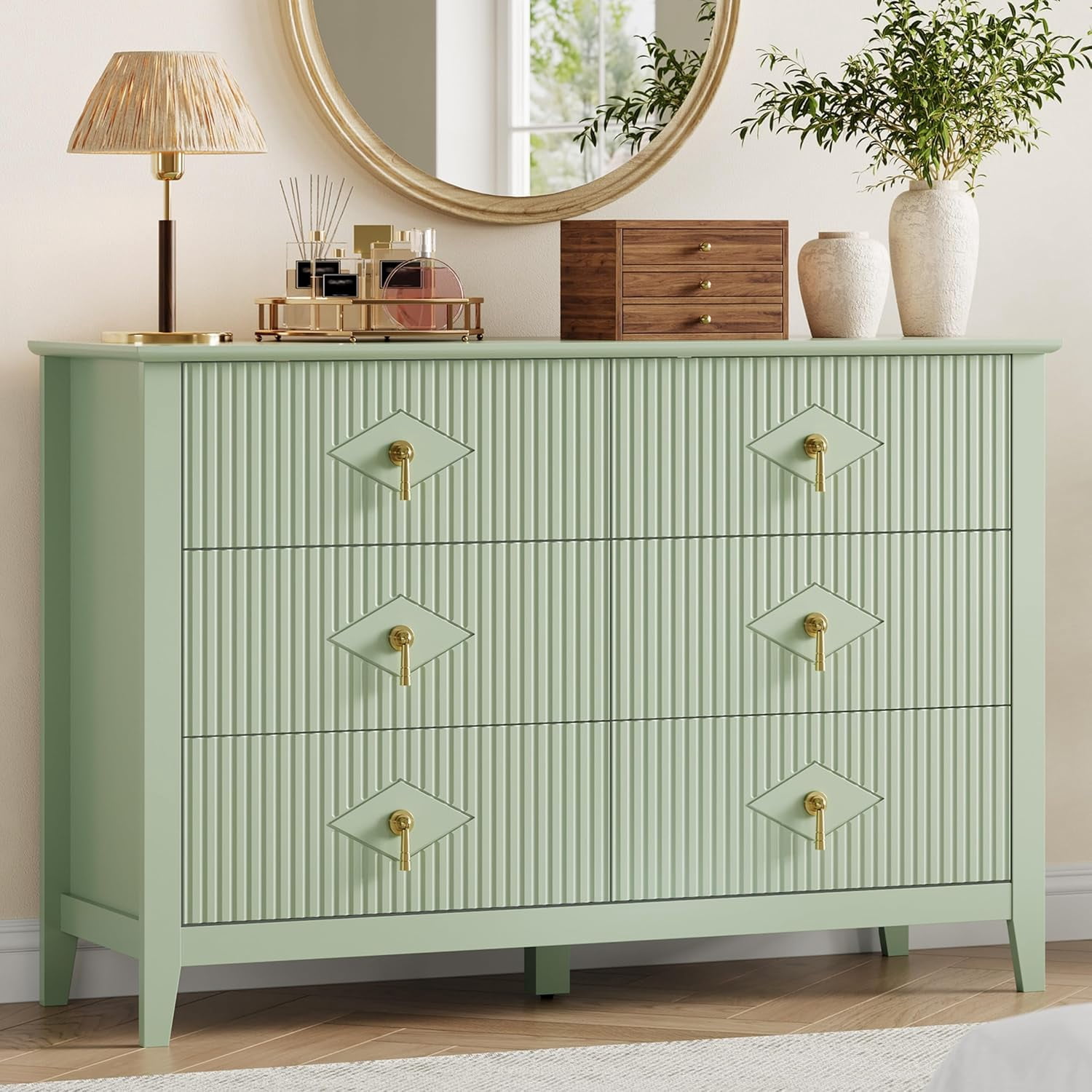 Fluted 6 Drawers Dresser for Bedroom, 47.2" Wide Modern Chest of Drawers with Metal Handle, Wooden Dresser Organizer for Bedroom, Living Room, Hallway, Entryway, Light Green