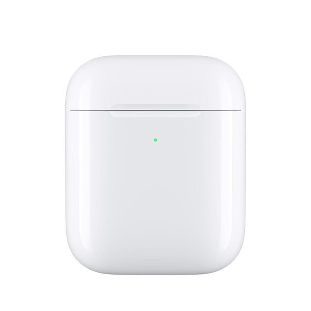 Apple Wireless Charging Case in white with a glossy finish, front-facing view showing the green LED charging indicator, compatible with AirPods 1st and 2nd generation, supports wireless charging on Qi-certified chargers or via Lightning connector, also suitable for convenient storage and protection of AirPods.