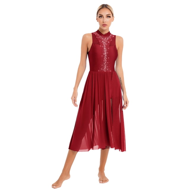 Sinleey Costumes de Danse Lyrique pour Femmes Robe Longue Fluide en Tulle Sans Manches à Sequins Moderne Contemporain Bordeaux m