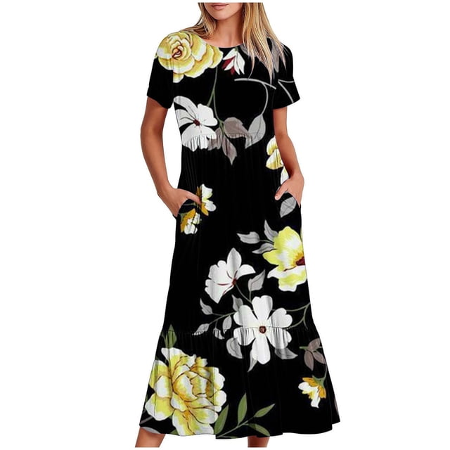 Dvkptbk Robes d'Été pour Femmes 2024 Mode Décontractée Bohème à Fleurs Robes de Plage Manches Courtes Col Rond Robe d'Été Fluide Maxi Robe de Plage Longue Robe Midi de Plage avec Poches P-2TG