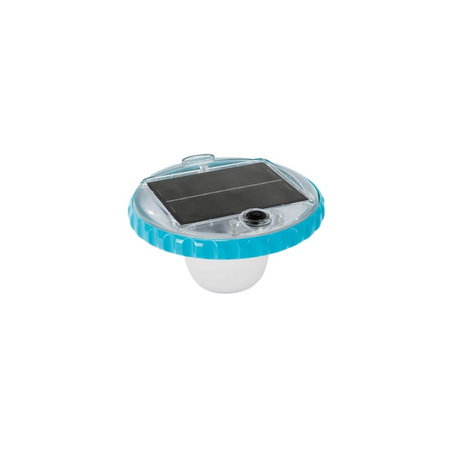 Intex Solar Powered Led Floating Light centered view of round floating LED pool light with white buoyant base, translucent dome and visible solar panel ring; two lighting modes, light-sensitive auto on/off, mode-appropriate auto shutoff and built-in rechargeable battery; suitable for pools, ponds or decorative water features.