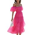 thumbnail image 3 of Faithtur Femmes Été Décontracté une Ligne Robe Courte Puff Manches sur l'Épaule Midi Plaid Robe, 3 of 7