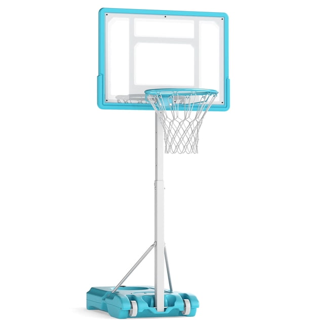 Goplus Adjustable Pool Basketball Hoop with Fillable Base and Shatterproof Backboard, featuring a 32-inch PC backboard with a reinforced PE frame and powder-coated metal construction. The hoop offers 4 adjustable rim heights ranging from 3.1 to 4.1 feet, suitable for all ages. The base holds up to 88 lbs of water for stability and includes built-in wheels for portability. Shown in a white and blue design, ideal for poolside or indoor use.