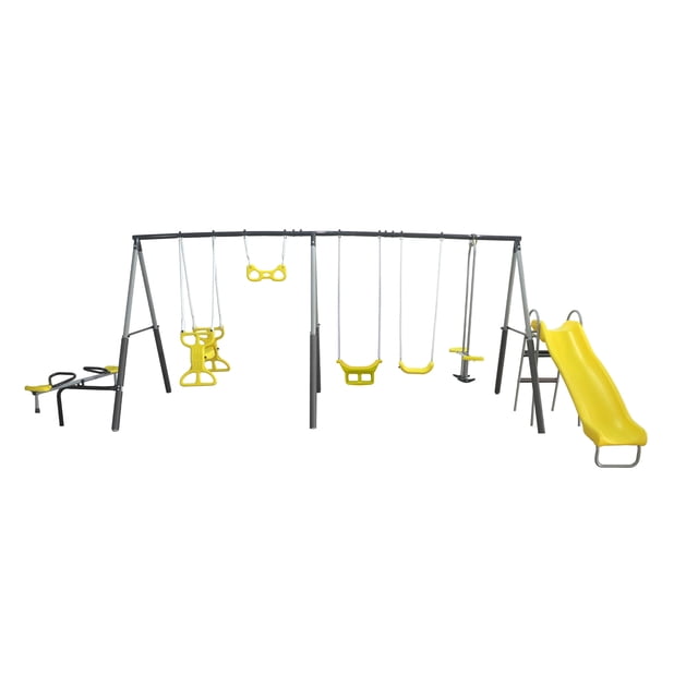 XDP Ensemble de Balançoire d'Extérieur pour Terrain de Jeu Lever de Soleil, Planeur, Balançoire et Glissade Vue avant Centrée d'Un Ensemble de Jeu de Cour Arrière Jaune avec une Glissade Moulée par Soufflage de 6,6 Pieds, Planeur Amusant à Deux Places, Barre Trapèze, Balançoire à Courroie, Planeur Spatial et Balançoire; Cadre en Acier Enduit de Poudre avec Pattes Rembourrées de Mousse de 2 Pouces, Housses de Chaîne SafeTouch, Capacité de 1 000 lb pour 3–8 Ans, Utilisé Souvent pour les Jeux de Groupe dans la Cour