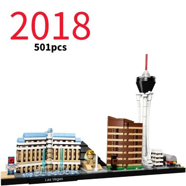 LEGP 2016-2022 Architecture Skylines Collectible Series Of Building Blocks Kit, featuring a detailed Las Vegas skyline model with iconic landmarks such as the Stratosphere Tower and other recognizable buildings. This 501-piece plastic construction set is designed for adults and recommended for ages 14 and up. The set is made from ABS plastic, adhering to European and American toy safety standards, and does not include a box. The model is compatible with other major building block brands and is suitable for display or as a collectible.